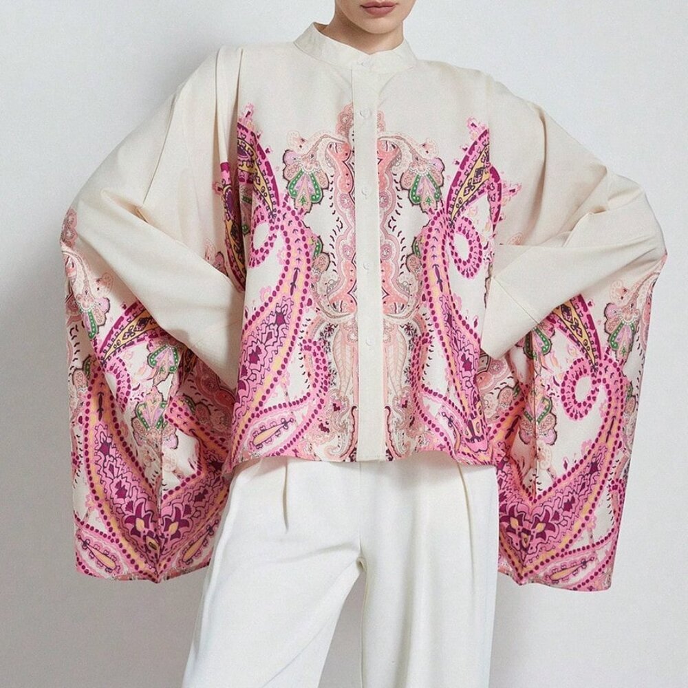 Multicolor Bohemian Women's Paisley Print Casual Oversized Shirt
